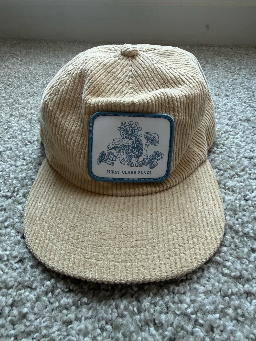 Beige Corduroy Cap with Mushroom Patch